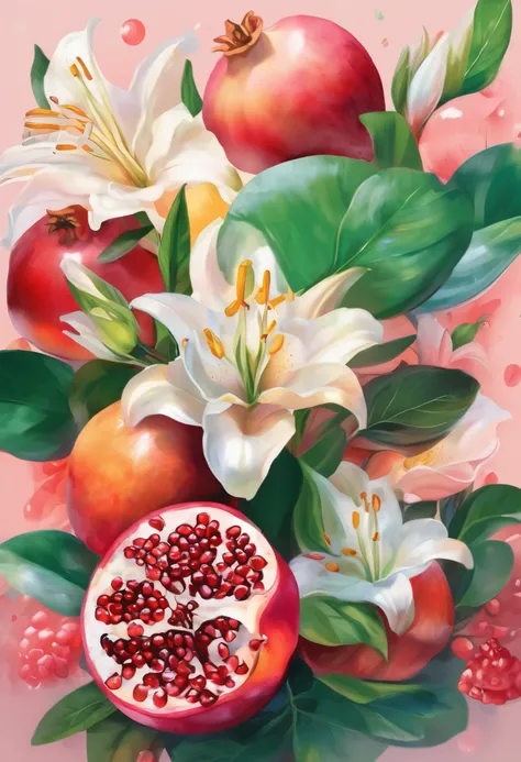 Best Quality, masterpiece, ( Hi-Res,  several people having fun with each other while having very detailed :1.2),  Movie Lighting,  bright color ,
(White lily flower)、(flower), Light Pink Background, Bokeh.(Pomegranate :1.3)、peaches and lots of white flowe...