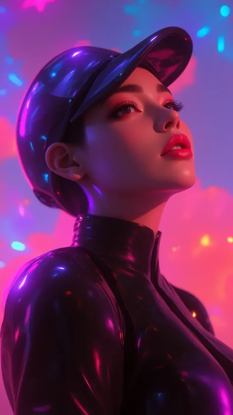 The image is of a woman with red lips，The style is a colorful sky、Neon color palette、beauty of simplicity、Glow shadows、sun-kissed palettes、smooth lines、Olympus，Latex and black leather，Snapshot style aesthetic、Mirror、webcam、whole body、clean