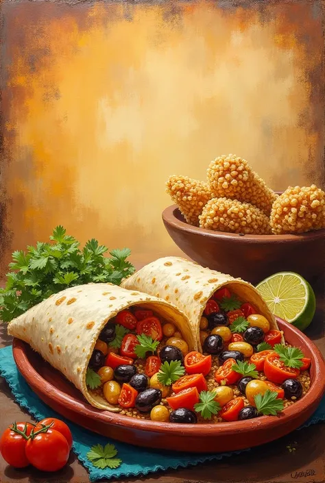 Create me a Mexican-style painting, but in neutral tones, that will advertise Mexican food. The picture will show the types of Mexican food, the varieties of Mexican food will be shown. Burritos, Sobre, Churros. at the top of the painting is the inscriptio...