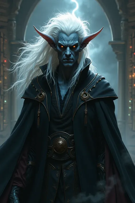 Create a dark grey-skinned tiefling wizard, black eyes,  white-haired