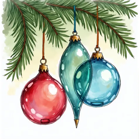 . 





sketch with felt-tip pens, 
 side view transparent
multicolored glass christmas balls, 
Christmas tree branch background , 