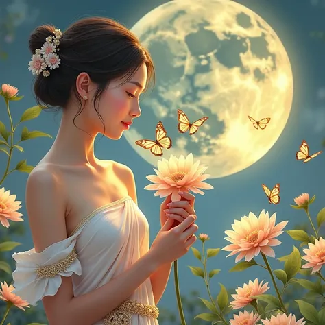 
A young woman in a Thai Chakri dress stands facing away, smelling flowers in a happy gesture, in every flower, among the butterflies. On the night of the soft yellow full moon, half figure.