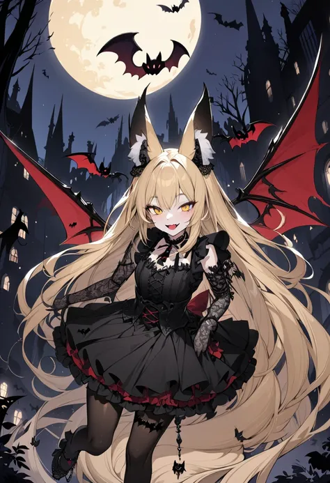 masterpiece,best quality,ultra detailed, flat illustration, 
((fox queen)),fox ears,fox tail,vampire wings,blonde,long hair,frill blouse,tie,((bat print black pantyhose)),gothic lace skirt,gothic lace arm-cover,open mouth smile, moon night,