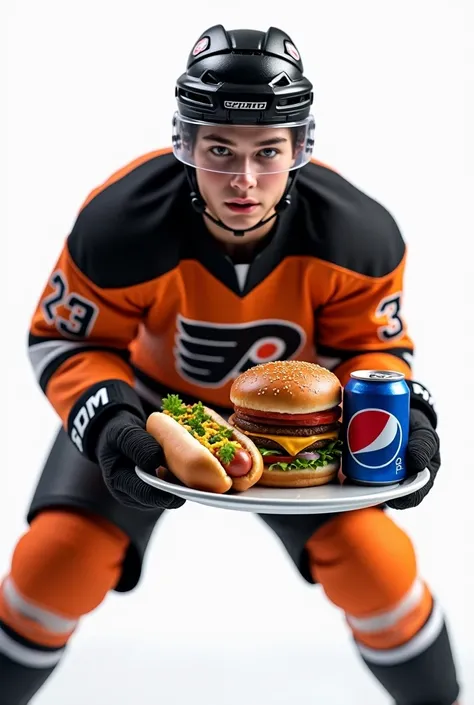 Create a hyper-realistic 3d image of a jeune joueur de hockey masculin cartoon en action, chandail noir  et orange, casque noir. fond blanc. Hold a plate with (((((big hamburger big hotdog))))), a can Pepsi.