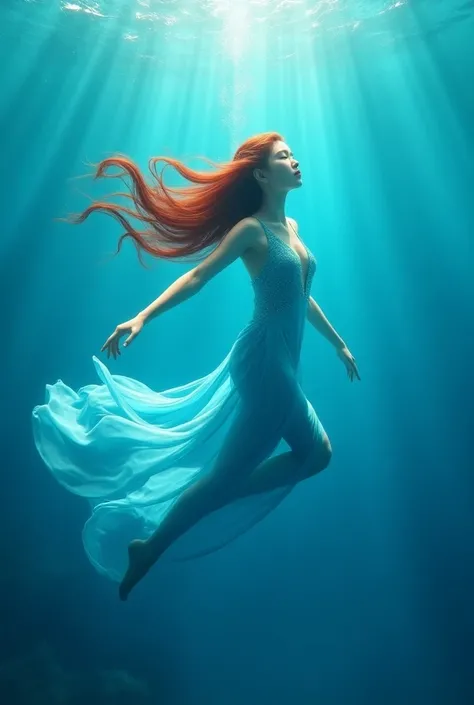 
a beautiful Korean girl diving at the bottom of the blue ocean, hair scattered, wearing in blue gown dress, long red hair