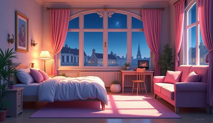  anime background by Shitao,90s teen bedroom , Semi-realistic, Ring lighting  , Prisma,  Movie-like ,pastel,  European architecture , Western-style boudoir , Cute room,  plush,  bed, Sofa, machine, Night Scenery