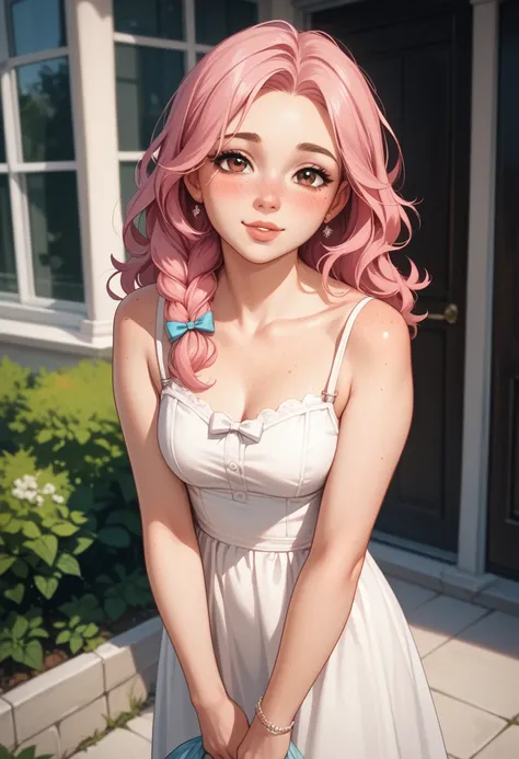 (best quality, masterpiece), (1boy,solo), A beautiful, sexy, tender face, blush, smiling, wavy pink hair, braid, brown eyes, slim body, lithe, slim wist, Normal body, White sundress, freckles on face, freckled on body, plump lips, holding bag, shy, looking...