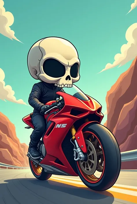 Small motorcycle rider in cartoon with monosuit and sports bike, The face that is a skull 