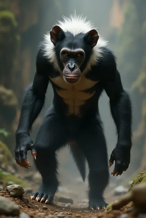 Draw me a realistic picture ,  that shows a mix of a young black and white springer spaniel, shows a chimpanzee and a wolverine