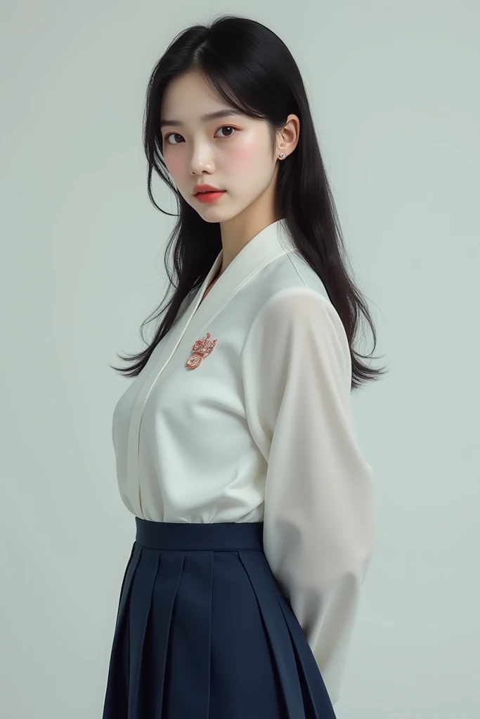 Full body photo of a Korean girl with white skin, small breasts, a slightly thin body, and wearing a Korean high school uniform.