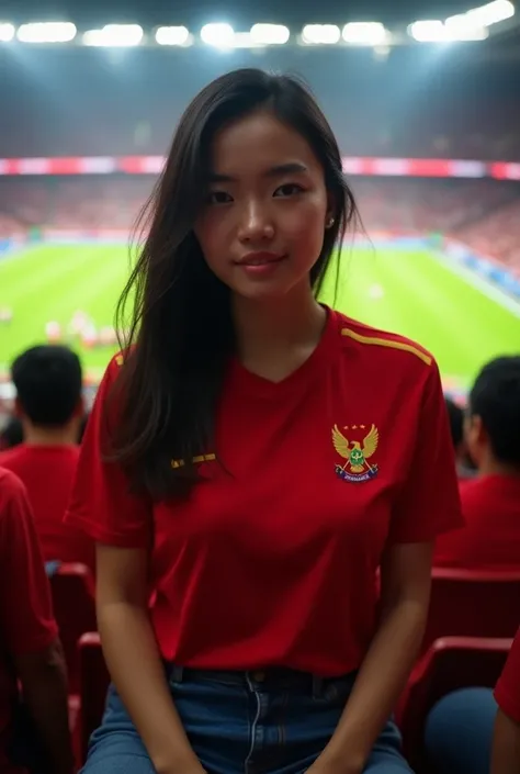 Photography of a beutifull Indonesian women, clean and clear face, 25 years old, long black hair, sitting in the audience, at the stadium. wearing a red Indonesian national team jersey with the Garuda gold symbol, jeans. holding Indonesian flag. face facin...