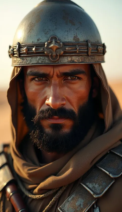 4K HD IMAGES : A close-up portrait of Khalid ibn al-Walid in traditional Arab warrior attire, showing his determined expression, wearing a metallic helmet and armor, with the desert sun casting a dramatic shadow on his face.