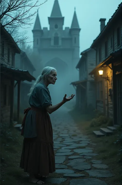 YA frightened elderly woman in traditional rural attire, standing at the edge of a dimly lit path leading to a dark mansion. Her face is wrinkled and pale with fear, and she gestures toward the mansion as if warning the viewer. The village background is di...