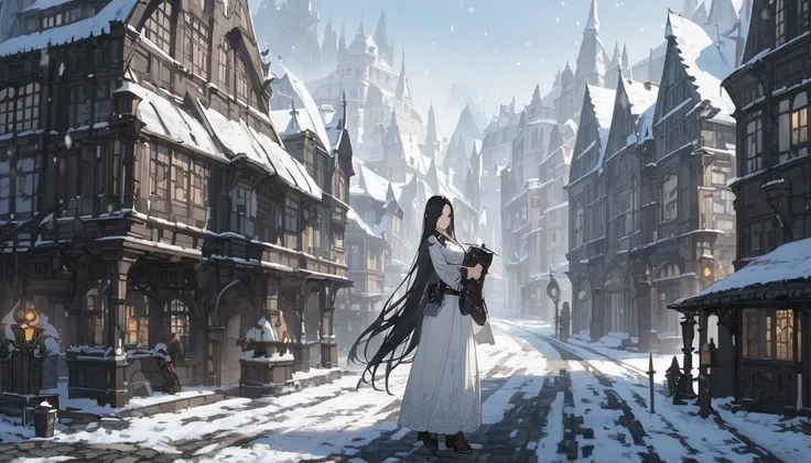 snowy town 、 Dark Fantasy 、Woman Carrying a Gun 、 black hair long hair