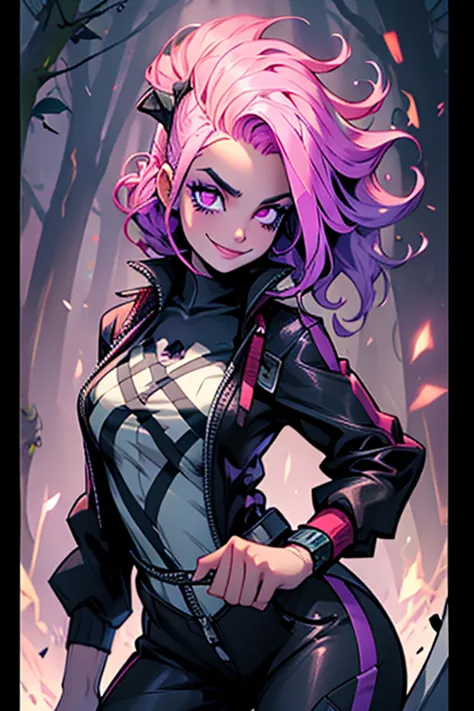 Perfect face. Perfect hands. A pink haired woman with violet eyes with an hourglass figure in a leather jumpsuit is leaning  forward with her scythe with a big smile in a creepy forest