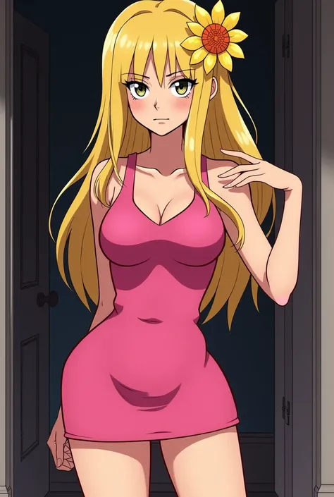 mandy from billy and mandy in anime and adult style, blonde and serious face, dressed in a very short pink dress and a yellow flower