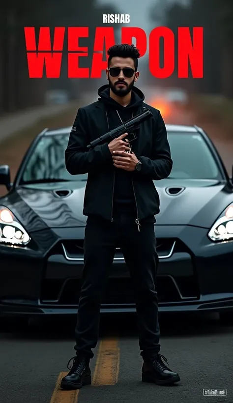 Create a dark, intense gangster-style thumbnail for a song titled Weapon in a 16:9 aspect ratio. The thumbnail should feature a young man, appearing to be around 22 years old, with a beard and mustache, dressed in all-black clothing and wearing sunglasses....