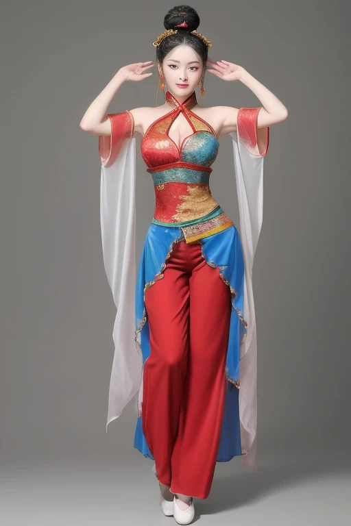 The woman is wearing an ancient dance costume, including a full-length halter top blouse, and chiffon trousers on the bottom. She is an oriental beauty with a very Chinese style. The costume is very Song Dynasty style. She has her back to the woman, her pa...