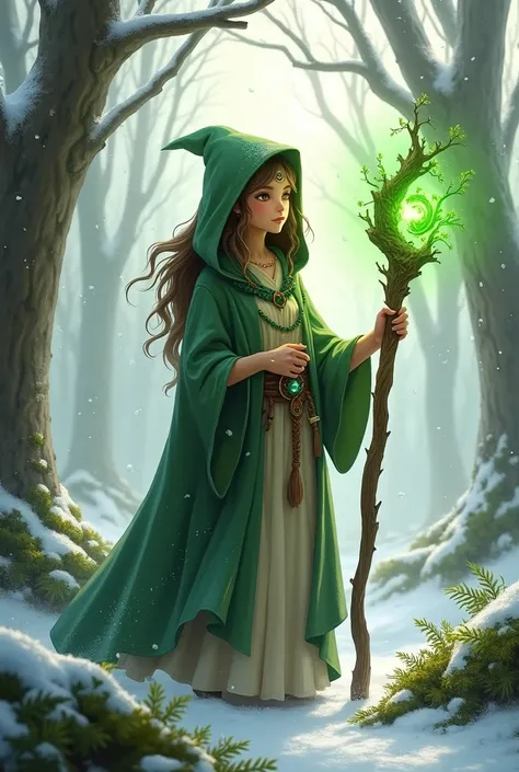 A  girl in a druid costume with a staff of nature. With a magical aura of green color around him. In the winter forest