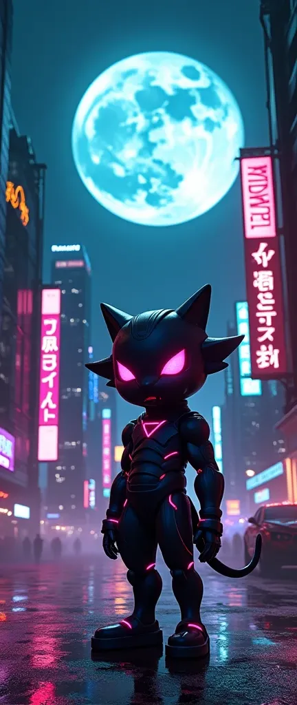  cyberpunk cityscape under a full moon ,  neon light casting vivid shadows The . The fluxtene ,  mascot,  standing prominently in front ,  illuminated by neon light .  mascotは動的なポーズで描かれている,  surrounded by futuristic elements and skyscrapers .  composition ...