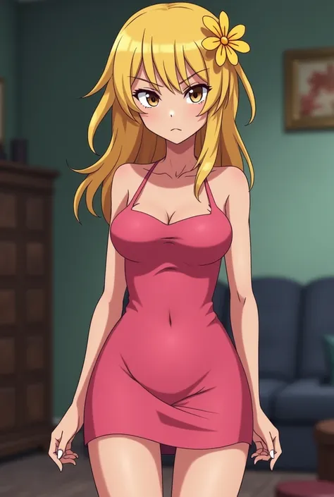 mandy from billy and mandy in anime and adult style, blonde and serious face, dressed in a very short pink dress and a yellow flower, a indoor room