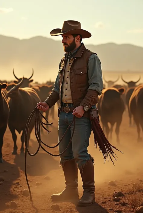 Generate a hyper-realistic image of Lionel Messi, dressed in a cowboy hat and boots, expertly herding cattle through a vast open field. The scene should show Messi holding a lasso, surrounded by dusty terrain, with a few cows in the background. The express...