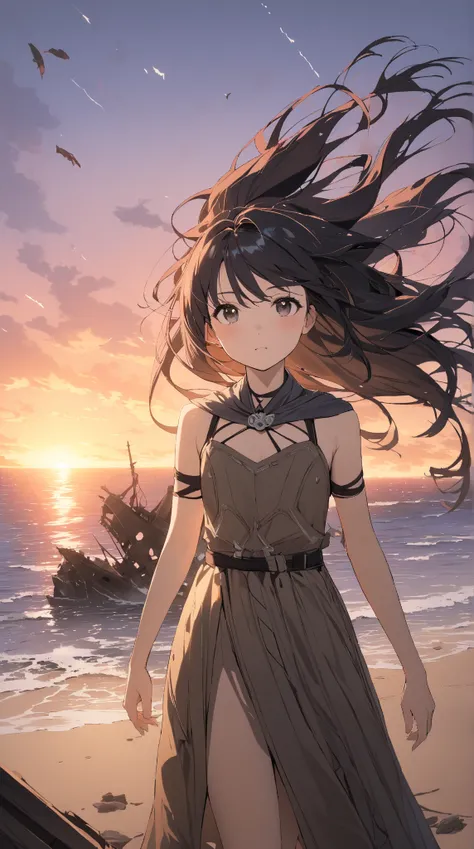 1 girl, ( cute face),  long hair, (to many hairstyle:1.2),  small breasts,  fantasy world adventurer clothes, (Standing in front of a shipwreck :1.3),  sandy beach, break, Rough seas, (Sunset background:1.1),  Mysterious Atmosphere ,  Hair Swaying in the W...