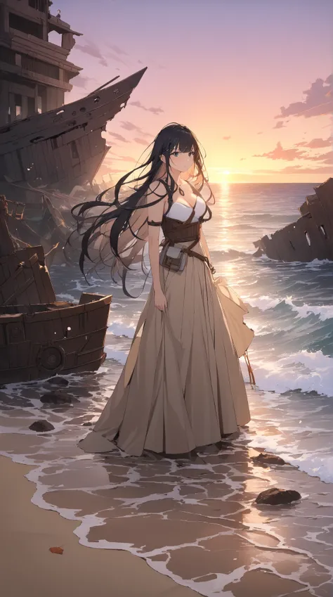 1 girl, ( cute face),  long hair, (to many hairstyle:1.2),  big breasts at the temple,  fantasy world adventurer clothes, (Standing in front of a shipwreck :1.3),  sandy beach, break, Rough seas, (Sunset background:1.1),  Mysterious Atmosphere ,  Hair Sway...