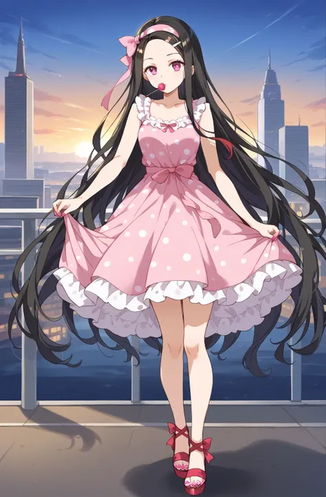 source_cartoon, dark black hair with red..long target hair,, extra long target hair, pink eyes, ribbon, forehead...ribbon, kamad...