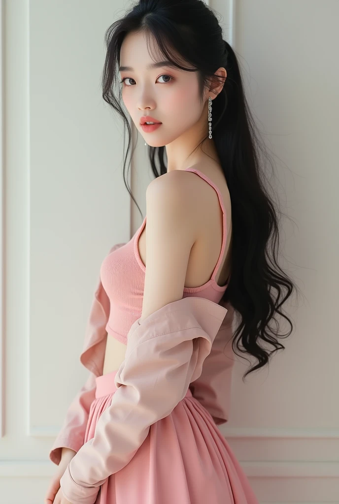 Bikin wanita cantik korea seluruh badan rambut hitam panjang di ikat memakai baju tengtop pink jakat kulit crop rok pink