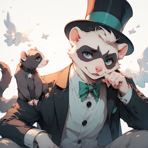 A Ferret, Top hat, Monocle, No clothing, Sitting on a shoulder