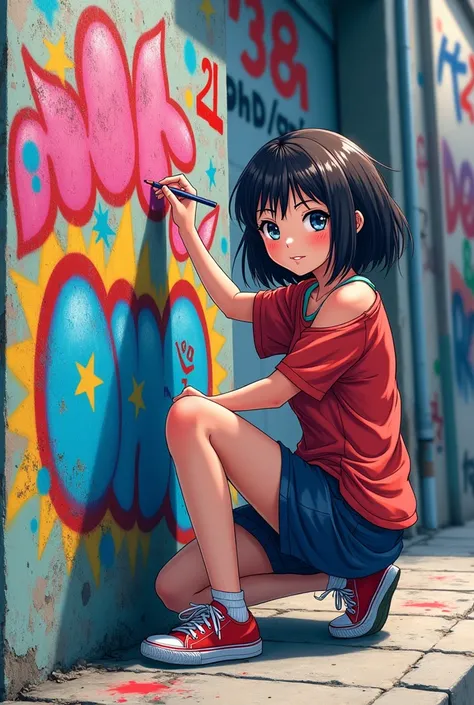 japanese anime girl makes graffiti on wall and writes Pont21