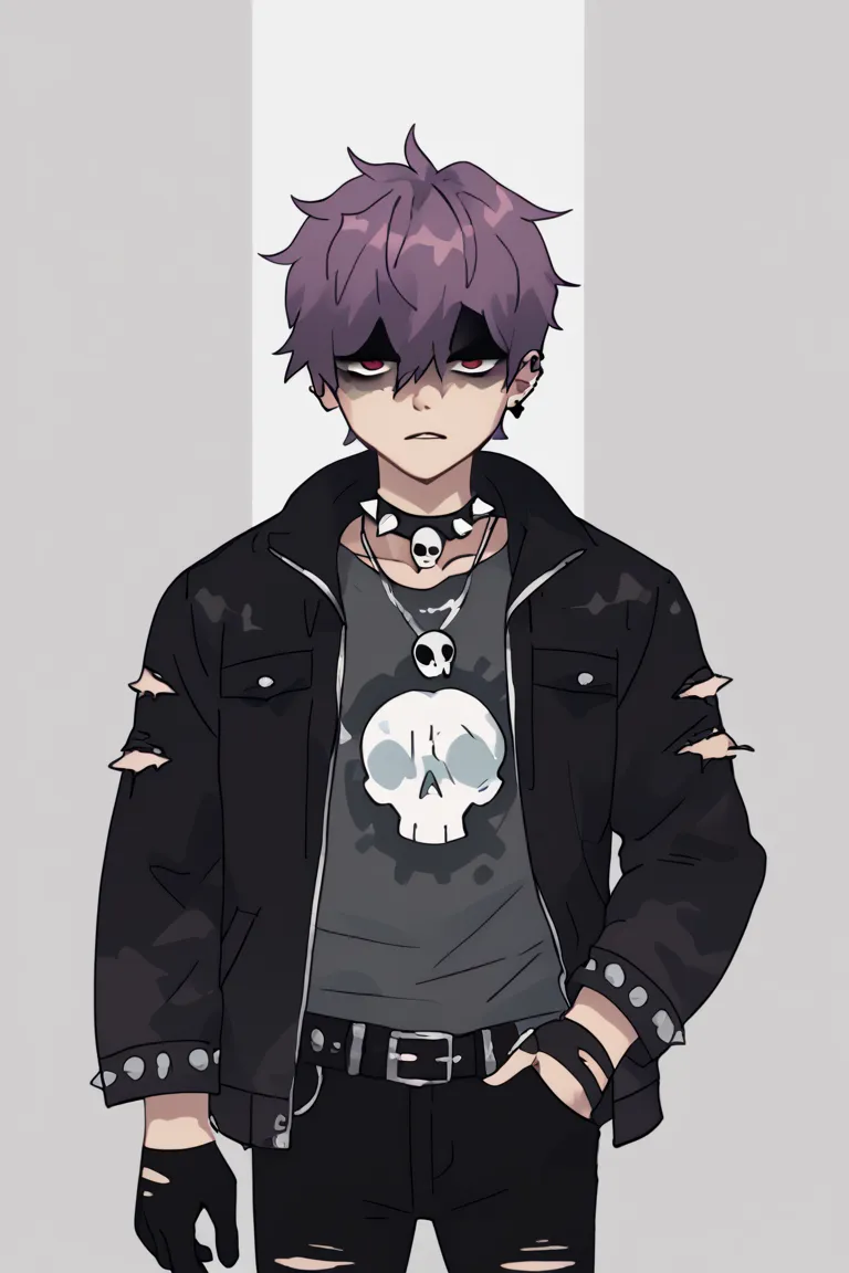 1boy, solo, melted clothes, pale, despondent, gloomy, white and purple hair, skull pendant, emo, shaded face, red eyes, spiked n...