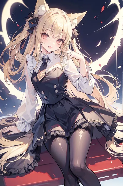 masterpiece,best quality,ultra detailed, flat illustration, 
((fox queen)),fox ears,fox tail,vampire wings,blonde,long hair,frill blouse,tie,((bat print black pantyhose)),gothic lace skirt,gothic lace arm-cover,open mouth smile, moon night,