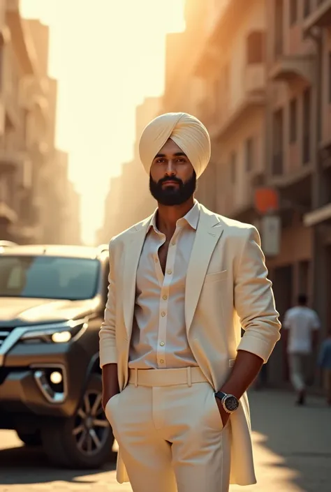 A tal y ft boy with body on sun light with turban Punjabi boy Punjabi turban like punjab in city with his car fortuner 
He wear white coat pant 