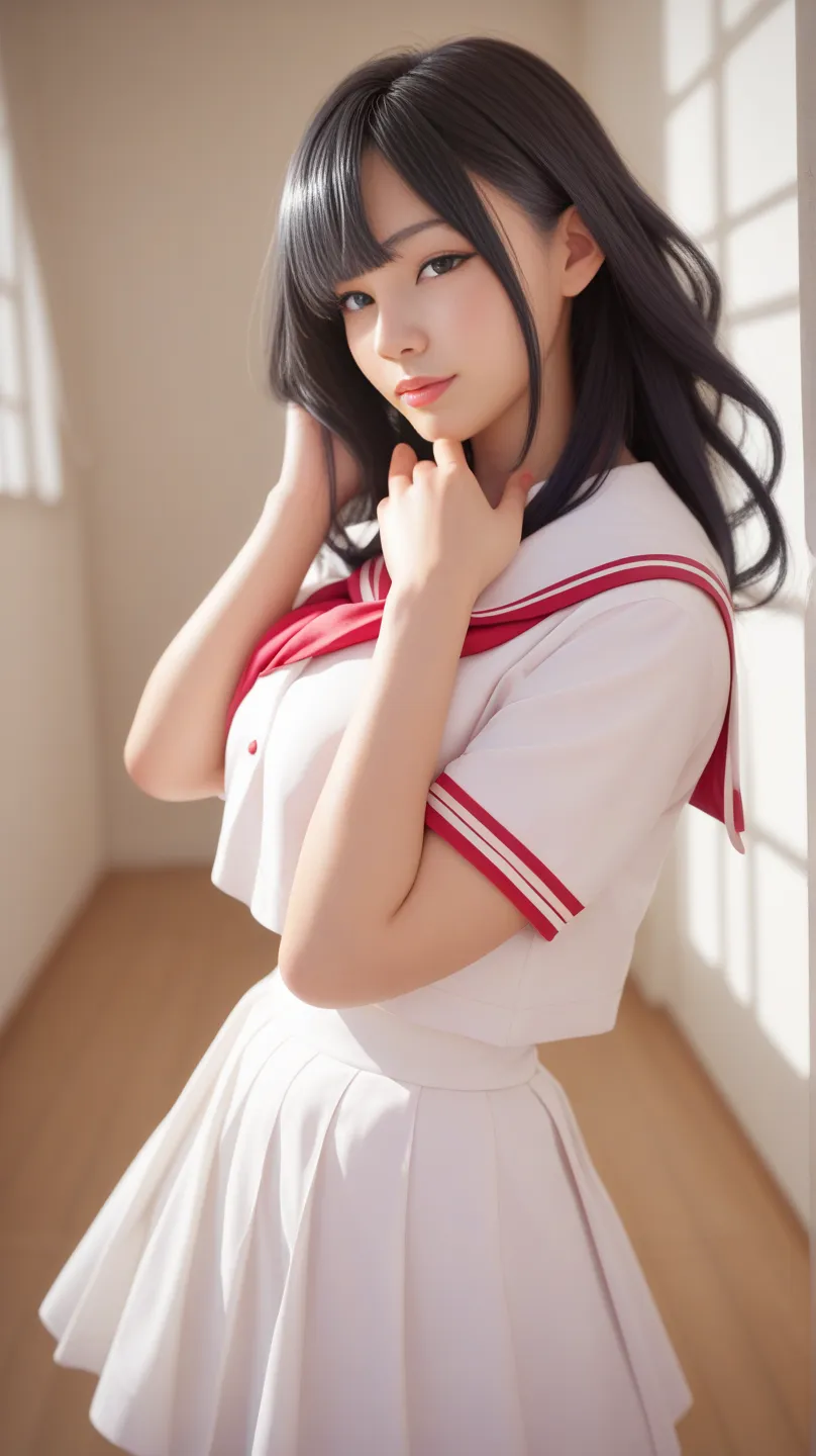 8k、elementary school beautiful  girl、black-haired、 detailed beautiful face、  girl　japanese　japanese sailor suit　 real skin