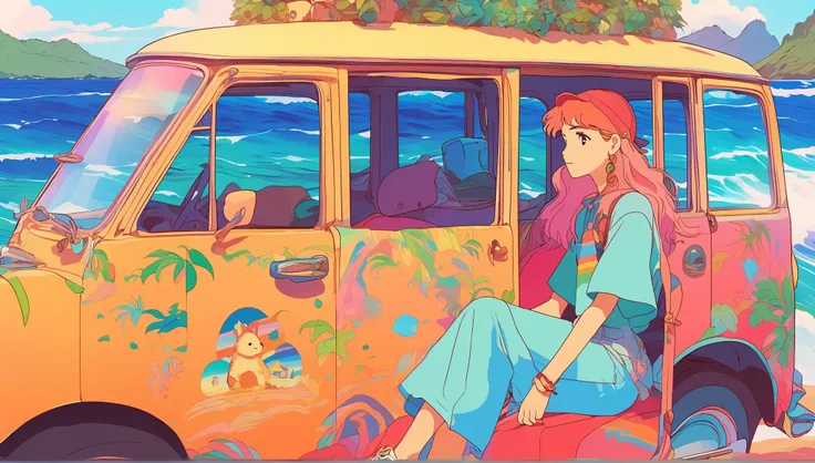 masterpiece, Best Quality, Rainbow Style, Anime,  , K-Pop aesthetics and style,  Tattoo - inspired,  sitting in car , 80s American hippie style, Along the Hawaiian Coast, Cute and dreamy,Anime, illustrator ,Lo-fi Girl, studio Ghibli ,Ghibli Style