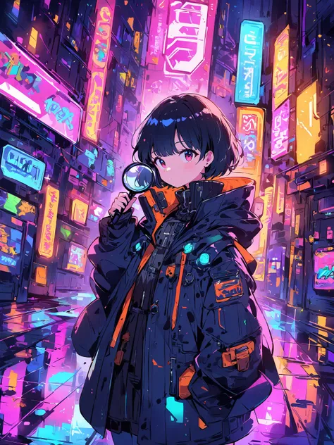 masterpiece, best quality, 1girl, young, detective, short hair, cyberpunk outfit, standing in neon-lit street at night, holding magnifying glass, reflective puddles, colorful neon signs, futuristic city background, mysterious atmosphere, illustration style...