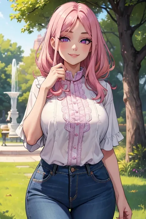 Perfect face. Perfect hands. A pink haired woman with violet eyes with an hourglass figure in a lace blouse and jeans is smiling next to a canvas at the park
