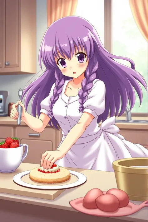  creates a beautiful anime image 19 year old a Shampoo del  (Ranma ½ )  has long purple hair that she usually wears loose or in braids, and big eyes of a violet shade ,  wearing a white dress with a cosina apron ,  making some strawberry shortcuts  