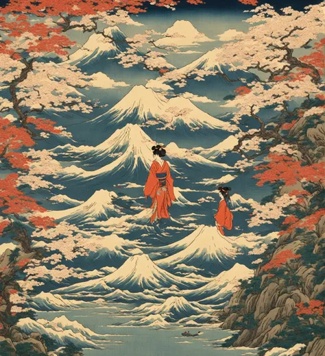 There is a woman in a kimono skirt standing in front of a painting, Inspired by the decorative arts paintings of Hiroshige II Utagawa, Tumblr, Ukiyo-e, in the art style of ukiyo - e, ukiyo-style, Japanese art style, Ukiyo-e - E style, Ukiyo-e style, Floati...