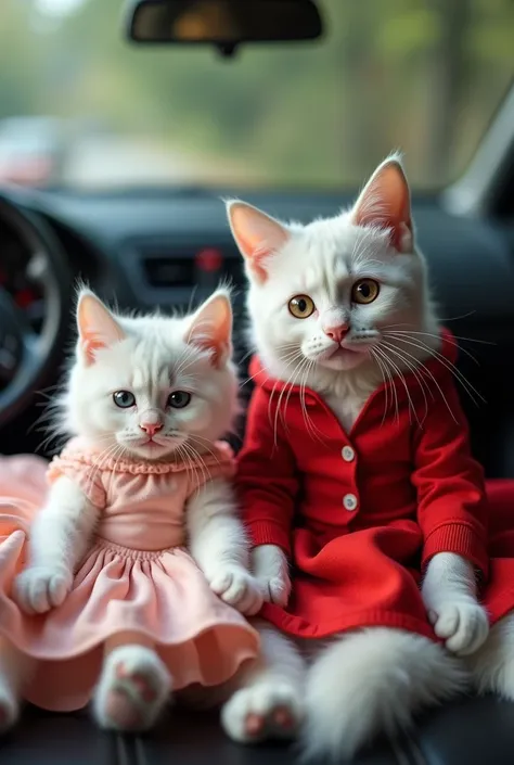 A white kitten is wearing a pink dress and a white cat is wearing an adult dress red Sitting in a car Camera view from the front of the car