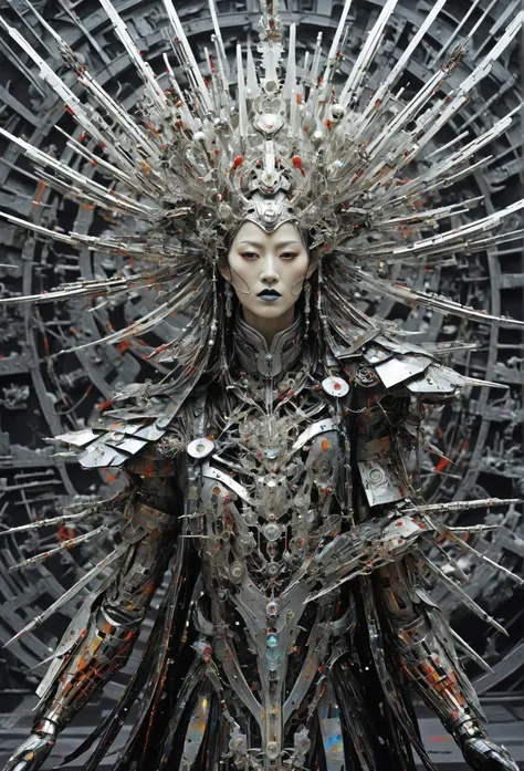 Futuristic native futurism, Actress Zhao Lusi plays the high-level cybernetic cyborg, gigantic cleavage breasts, full body post, the Japanese goddess of war, sensuality, Artistic details, Cyberpunk Chinese mythology, Epic science fiction fantasy, Centered,...