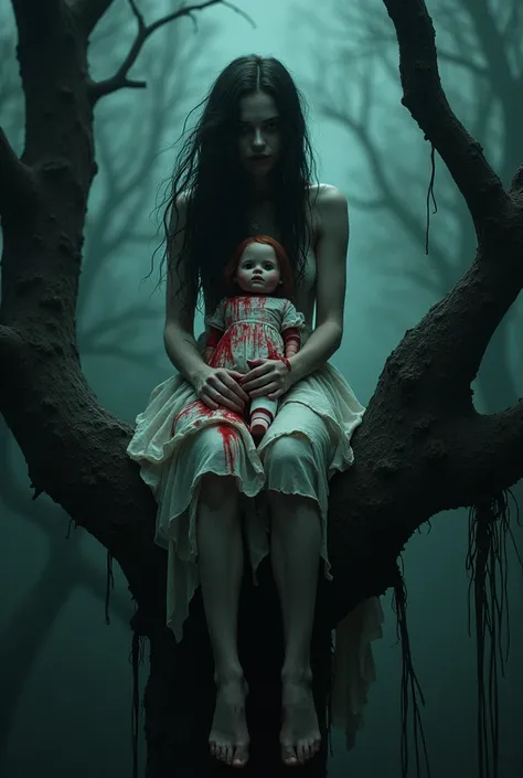  above the height there is a woman wearing a plain white dress , shabby, tangled , dirty,  with very long hair ,  dreadfully lowered her head to Bwah with a spooky pale face who was sitting on a tree branch while carrying a spooky doll, like the doll Anabe...