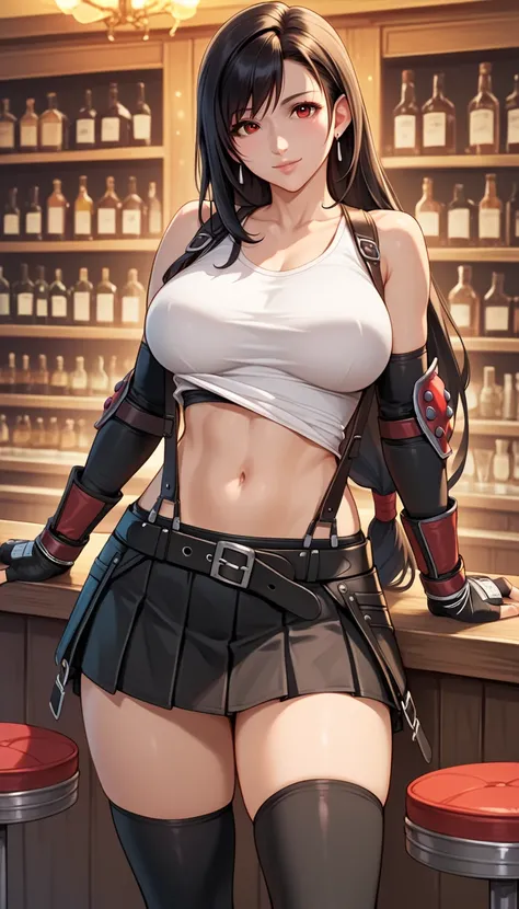 Izayoi Seishin artstyle, (score_9, score_8_up, score_7_up), (best quality, masterpiece),perfect anatomy,(aesthetic,very aesthetic),official style, (ultra-high resolution), 1girl, tifa lockhart, final fantasy,(beautiful woman).tareme, black hair, low-tied l...