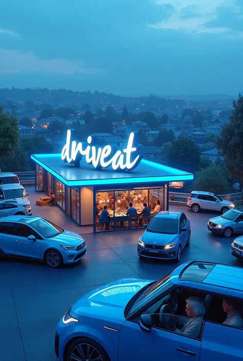  A blue restaurant with a large subdivision and several cars, inside these cars there are people eating .
 Highlight in front of those cars a cursive sign called  "Driveat"