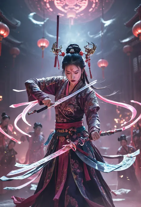 /I A young girl dressed in ancient Chinese clothing, bull body , gigantic cleavage breasts, long shot ,Asian people , holding a blade , dancing , Martialarts and fairy - like vibe, Game character, Surrounded by runes, Cyberpunkstyle, neon lights, best qual...