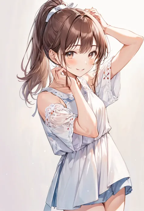 A 20 year old woman、Brown hair in a ponytail、 gentle smile touching your head、cute、Perfect limbs