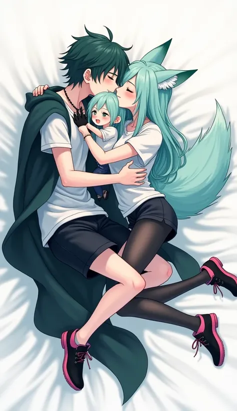 draw (a 25 year old boy who is 1.80m tall, he has aqua green hair with black and his eyes are aqua green, he wears a white t-shirt and a long black robe with short black pants and black shorts and black and red shoes) and he is lying down with his partner ...