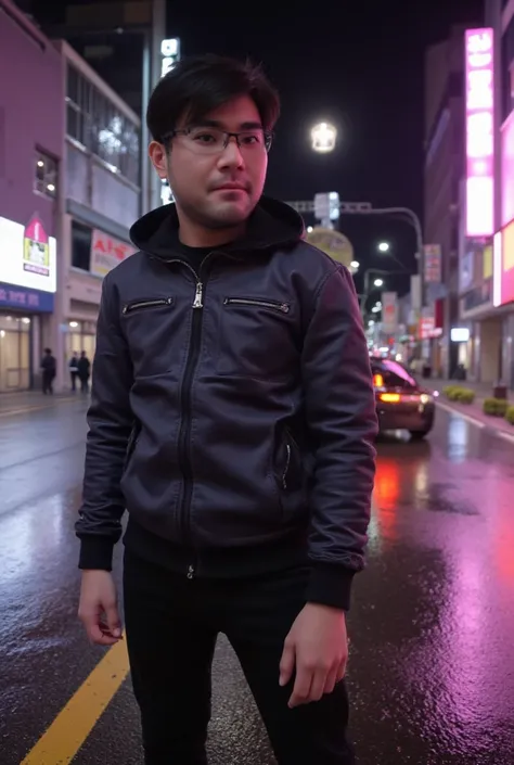 URBAN NIGHT , Neon sign, male,  jacket, Background Movement ,  Street of Light , Reflected Light, Car Lights,  Futuristic City ,  cool pose,  Smooth Streets